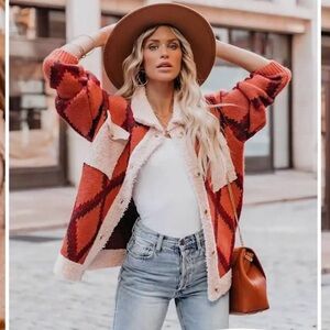 Rust sweater Shacket with Sherpa accents